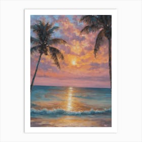 Pastel Sunrise Over Key West Florida - Ocean Coastal Oil Painting Dreamscape With Palm Trees Art Print