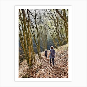 Autumn Walk in the Forest. Walking along a leaf-covered path in a dense forest. The trees are tall and their branches form a canopy overhead, with sunlight filtering through the leaves, creating a serene and picturesque scene. 2 Art Print