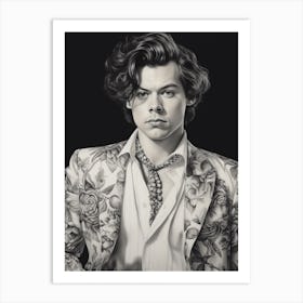 Harry Styles Kitsch Portrait B&W 1 Art Print