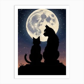 Silhouette Of Two Cats Under A Full Moon 4 Art Print