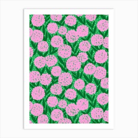 Blooming Abstract Allium Flowers Pink Green Dark Green Art Print