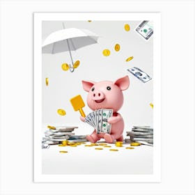 Baby Pig As A Corporate Mascot Clutching A Billfold Playing Cards Scattered Nearby Depicting Variou Art Print