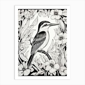 B&W Bird Linocut Kingfisher 4 Art Print