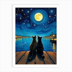 Two Cats Watching The Moon 2 Art Print