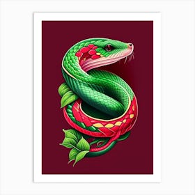 Red Tailed Green Rat Snake Tattoo Style Art Print