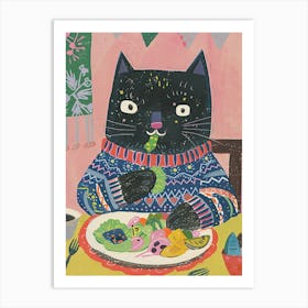 Black Cat Eating Salad Folk Illustration 2 Art Print