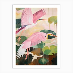 Pink Ethereal Bird Painting Green Heron Art Print