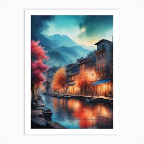 Chinese Village At Night Art Print