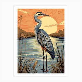 Vintage Bird Linocut Great Blue Heron 6 Art Print