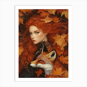 Fox And Beautiful Girl Art Print