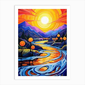 River in Sunset IV, Vibrant Colorful Painting in Van Gogh Style Art Print