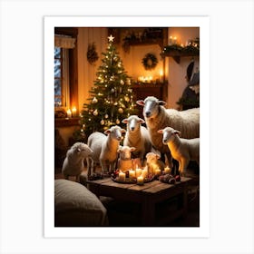 Sheep In Front Of Christmas Tree Art Print