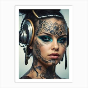 Tattooed Woman With Headphones 1 Art Print