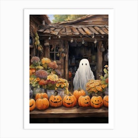 Cute Bedsheet Ghost, Botanical Halloween Watercolour 128 Art Print