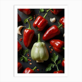 Red Peppers On Black Background Art Print