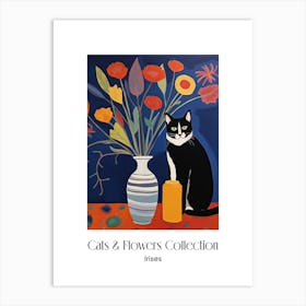 Cats & Flowers Collection Irises Flower Vase And A Cat, A Painting In The Style Of Matisse 2 Art Print