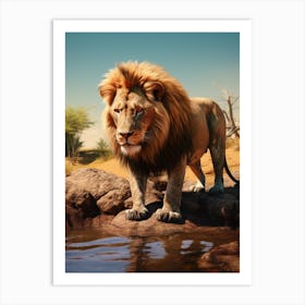 African Lion Drinking From A Stream Realistic 9 Art Print