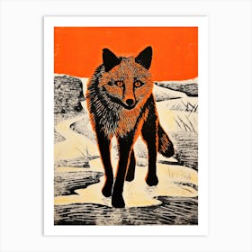 Arctic Fox, Woodblock Animal Drawing 3 Art Print