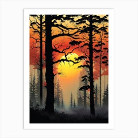 Sunset In The Forest 10,   Forest bathed in the warm glow of the setting sun, forest sunset illustration, forest at sunset, sunset forest vector art, sunset, forest painting,dark forest, landscape painting, nature vector art, Forest Sunset art, trees, pines, spruces, and firs, orange and black.  Art Print