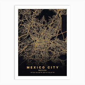 Mexico City Mexico Black And Gold Map Art Print