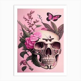 Skull With Butterfly Motifs 2 Pink Botanical Art Print