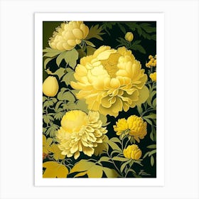 Cottage Gardens Peonies Yellow Vintage Sketch Art Print