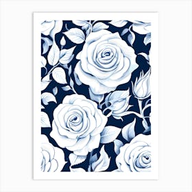 White Roses On A Blue Background Art Print