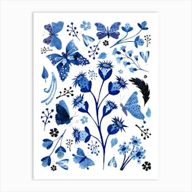 Delft Blue Butterflies And Flowers Art Print