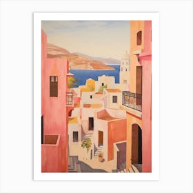 Santorini Greece 4 Vintage Pink Travel Illustration Art Print