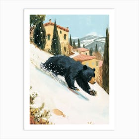American Black Bear Cub Sliding Down A Snowy Hill Storybook Illustration 3 Art Print