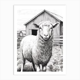 Black & White Illustration Of Highland Sheep On The Farm Art Print