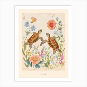 Folksy Floral Animal Drawing Turtle Poster Art Print