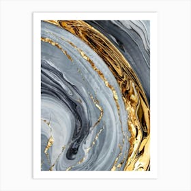 Abstract Marble Artwork Featuring Sinuous Gold And Silver Waves Flowing Amidst A Swirling Ocean Of V (5) Art Print