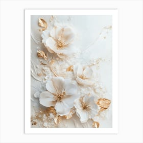 White Flowers With Gold Leaves Art Print