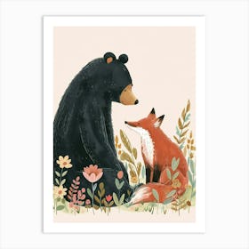 American Black Bear And A Fox Storybook Illustration 1 Art Print