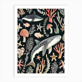 Shark Pattern Seascape Black Background Illustration 2 Art Print