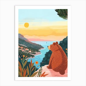 Brown Bear Looking At A Sunset From A Mountaintop Storybook Illustration 2 Art Print