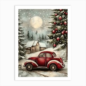 Red Car In Snow Art Print