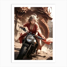 Gorgeous Sexy Girl riding Big Motorcycle Chased by Red Dragons Art Print