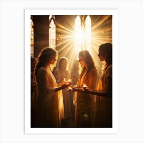 Candlelight Vigil During Spiritual Celebration Rays Of Soft Golden Light Breaking Through Stained G (5) Art Print