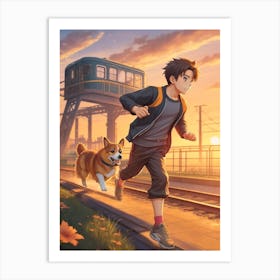 Dreamshaper V7 Anime Style Style Young Man Running Next To A P 2 Art Print