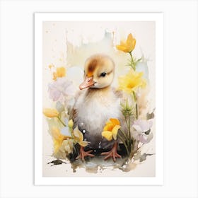 Duckling And The Daffodils Paint Splash Art Print