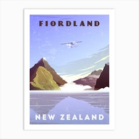 Fiordland, New Zealand — Retro travel minimalist poster Art Print