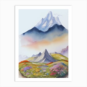 Watercolor Of Mountains And Beautiful Flowers Art Print