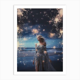 Woman on the beach surrounded by cosmic stardust 3 Art Print