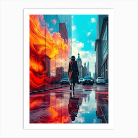 Woman Walking In The Rain - Reflective Art Art Print