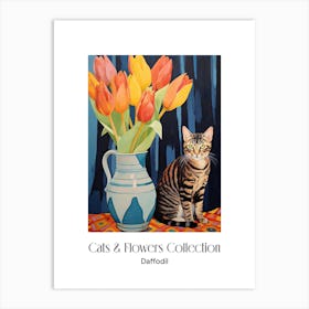 Cats & Flowers Collection Daffodil Flower Vase And A Cat, A Painting In The Style Of Matisse 3 Art Print