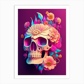 Skull With Psychedelic Patterns Pink 2 Vintage Floral Art Print