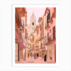 Valencia Spain 5 Vintage Pink Travel Illustration Art Print