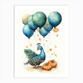Peacock Flying With Autumn Fall Pumpkins And Balloons Watercolour Nursery 4 Art Print